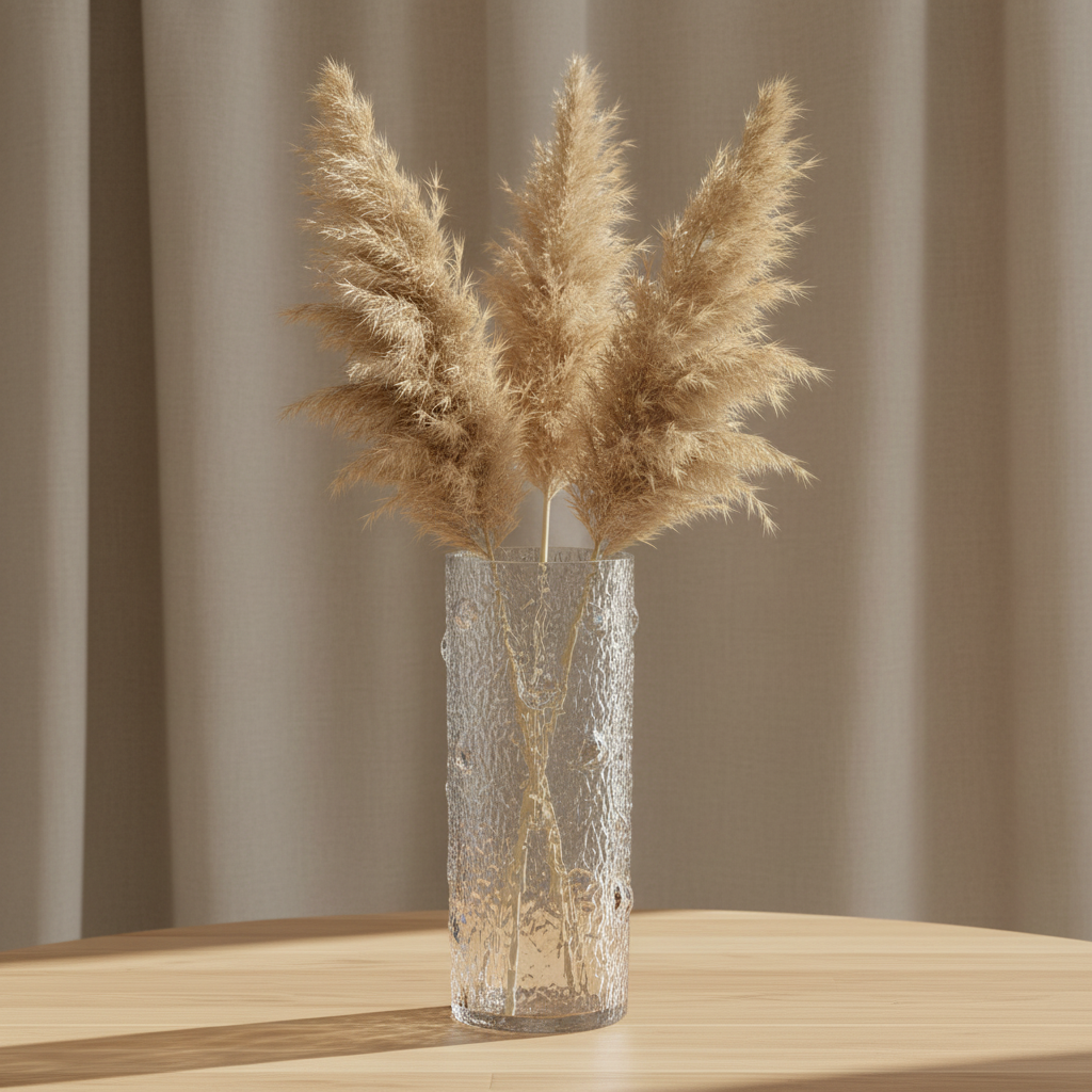 Textured glass bark vase styled with pampas grass on wooden surface