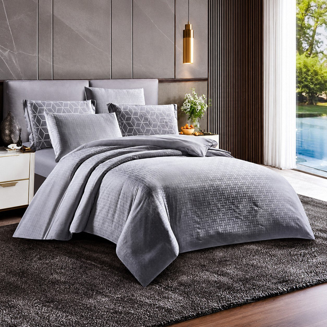Elegant Patterned White & Grey Bedsheets and Duvet Cover Set
