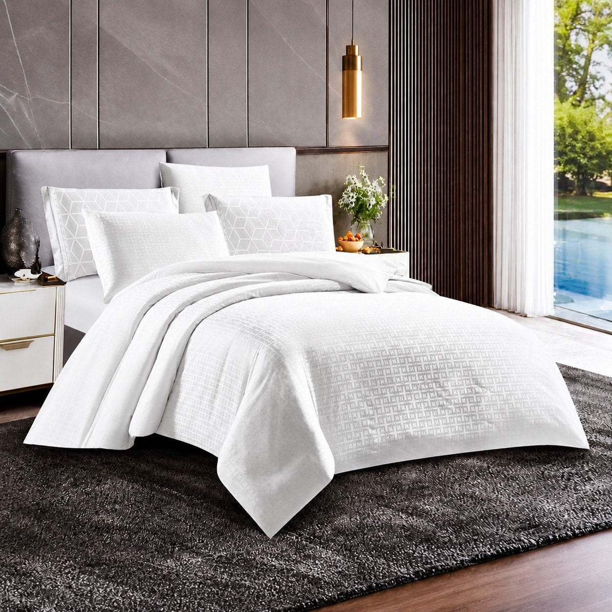 Elegant Patterned White & Grey Bedsheets and Duvet Cover Set