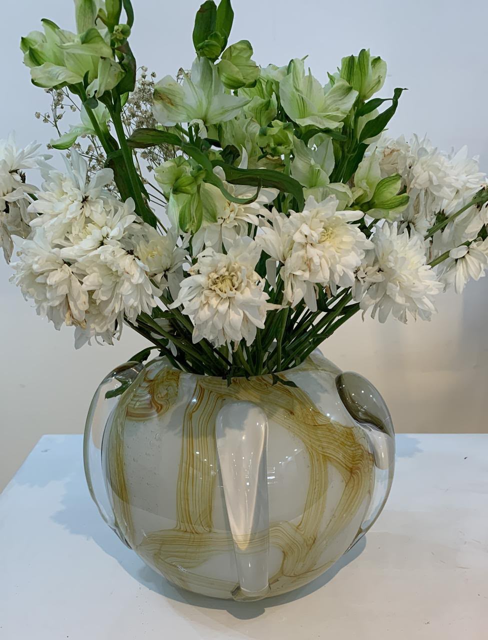Handblown Art Glass Flower Vase — White & Gold Swirl with Petal Indentations