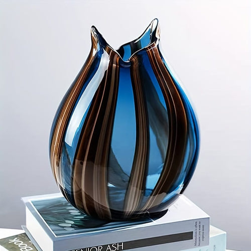 Art Glass Flower Vase — Striped Sculptural Design