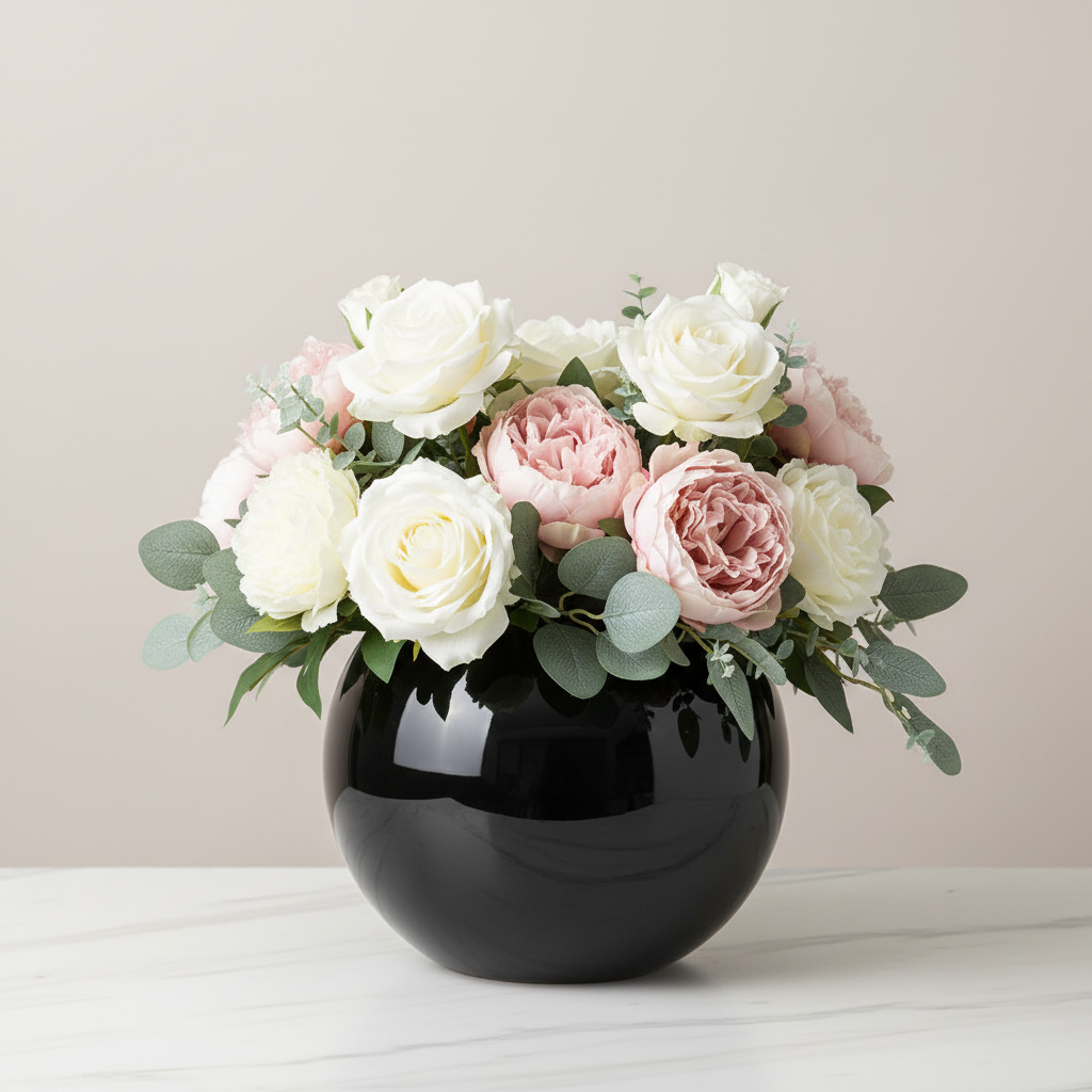 Black Spherical Vase with Flowers