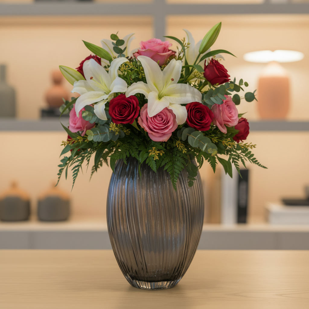 Dark Ribbed Glass Vase with Lilies and Roses