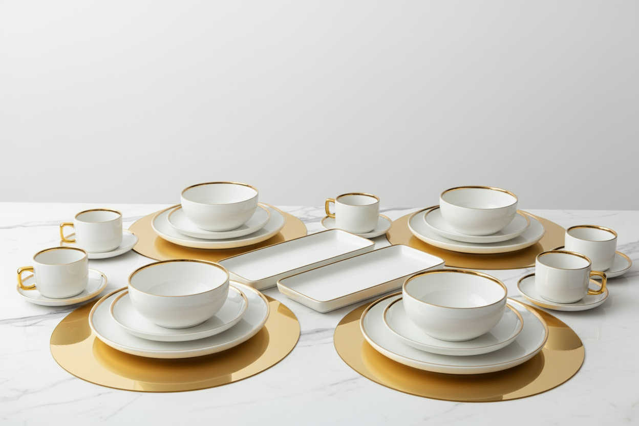 Dinnerware with circular gold placemats