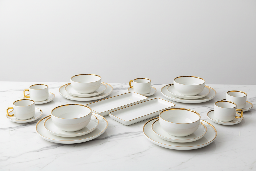 Dinnerware with trays on elegant background