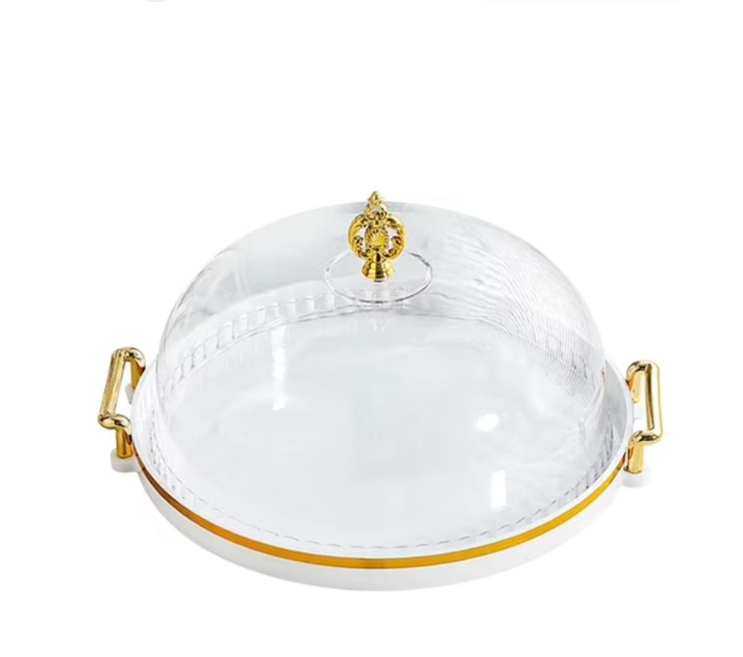 Glass Serving Tray with Ribbed Dome Lid & Gold Handles