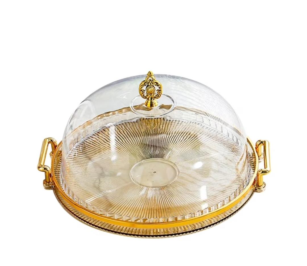 Glass Serving Tray with Ribbed Dome Lid & Gold Handles