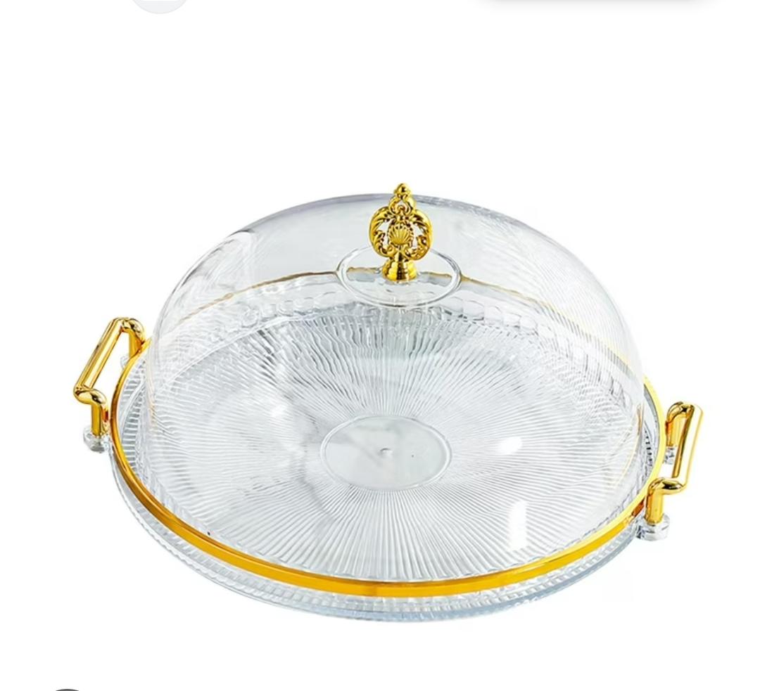 Glass Serving Tray with Ribbed Dome Lid & Gold Handles