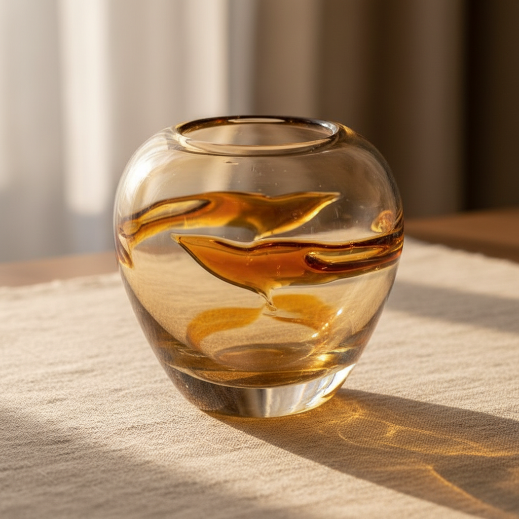 Amber swirl handblown glass globe vase styled on natural linen
