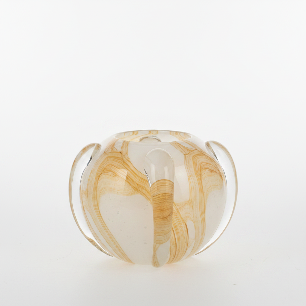 White and gold swirl art glass vase — studio photography