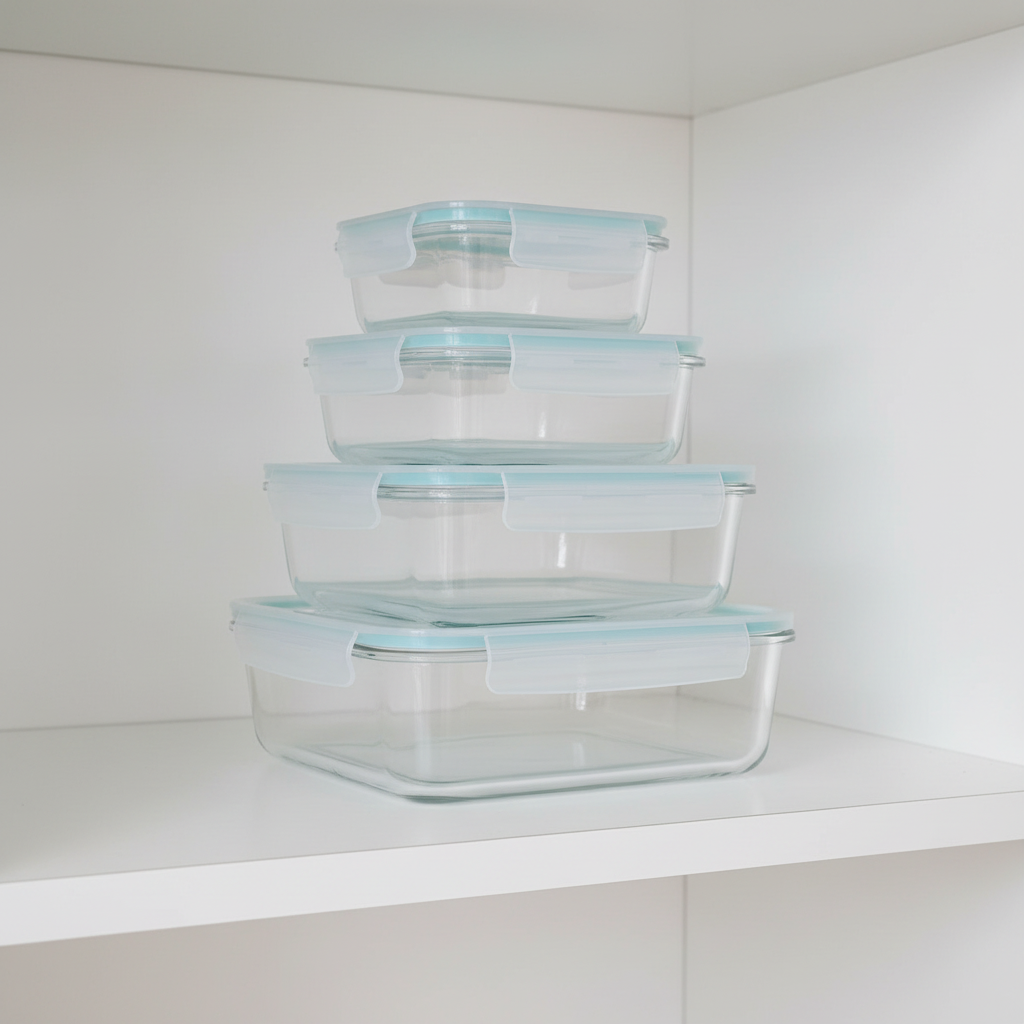 Borosilicate glass container set stacked on white shelf