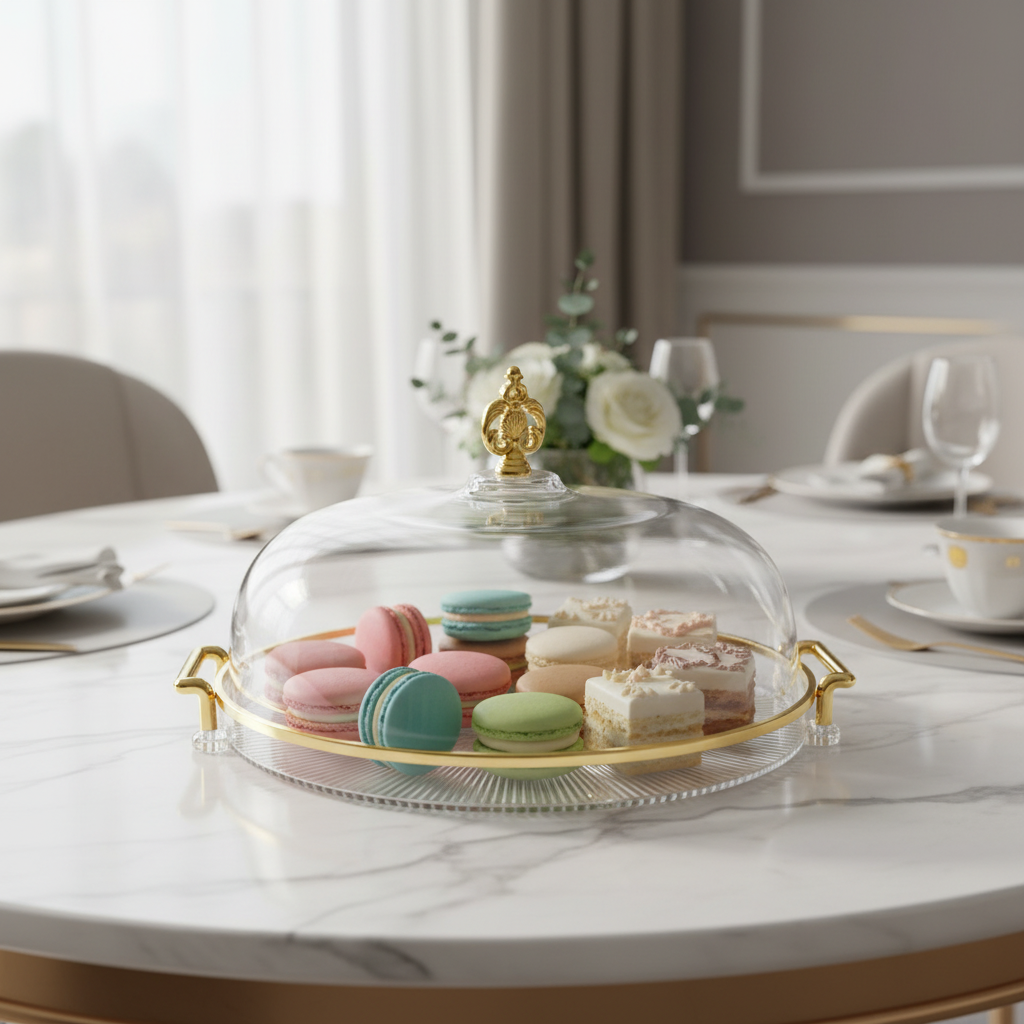 Glass serving tray with ribbed dome lid — lifestyle photography