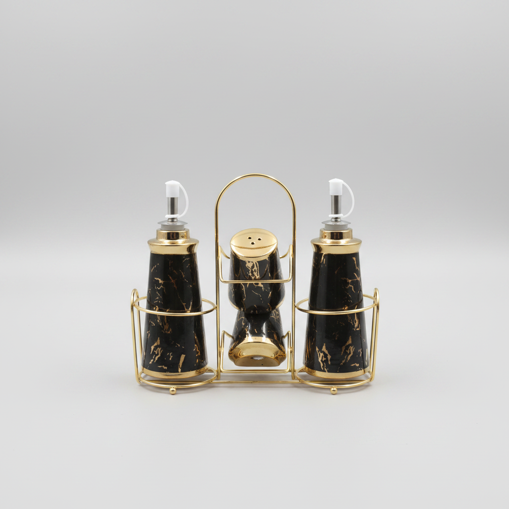 Black marble and gold ceramic oil dispenser and spice shaker set with gold metal rack