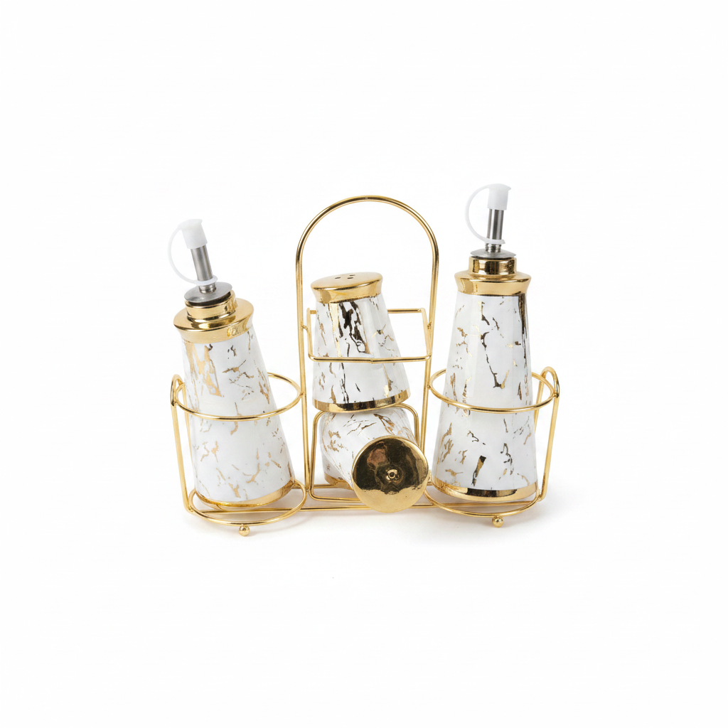 White marble and gold ceramic oil dispenser and spice shaker set with gold metal rack