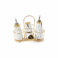 White marble and gold ceramic oil dispenser and spice shaker set with gold metal rack