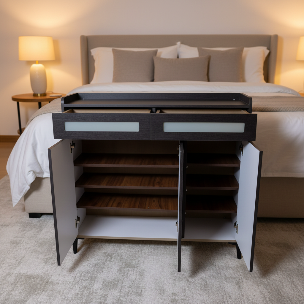 Luxe Storage Cabinet – Charcoal with glass drawer inserts, elegant bedroom