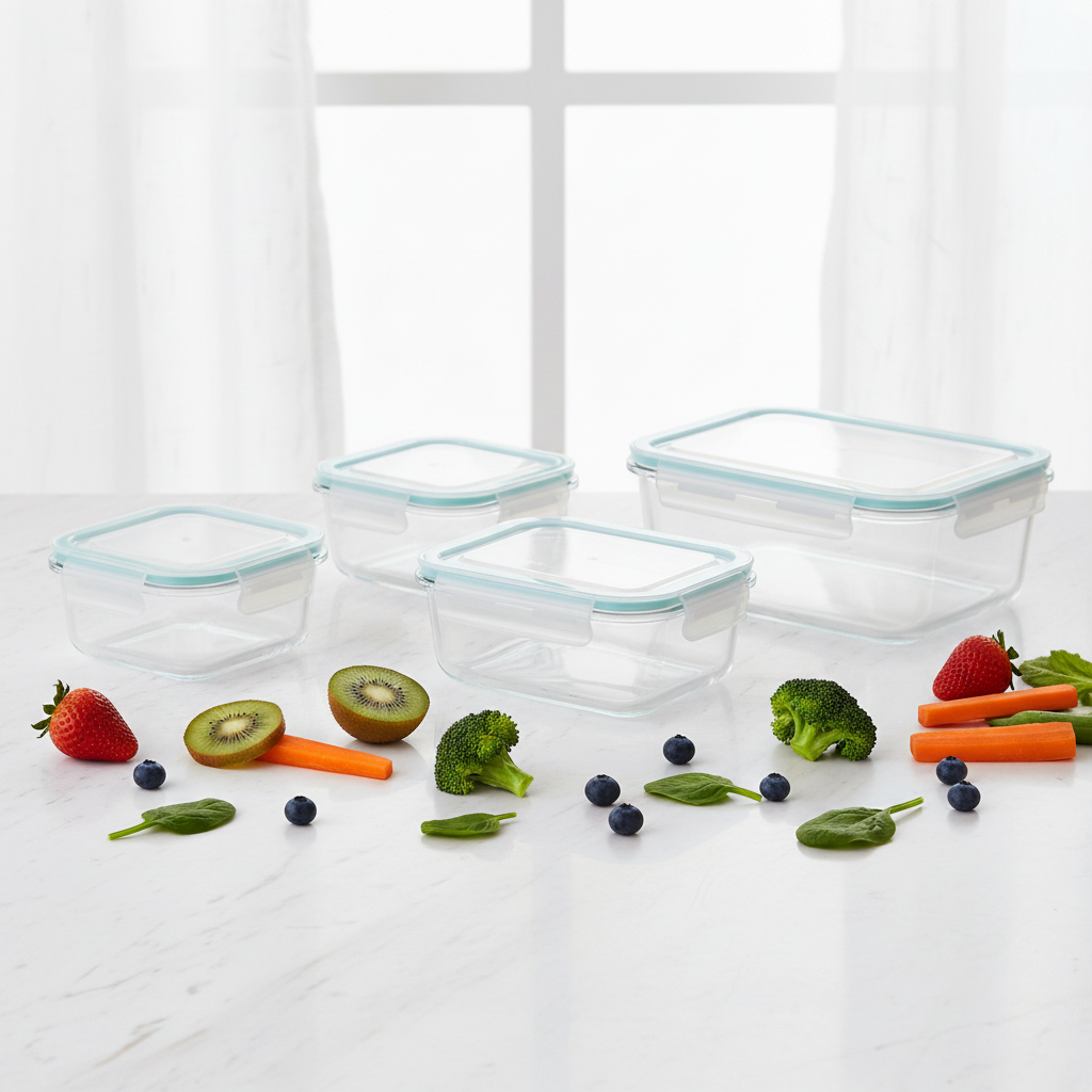 Borosilicate glass container set flat lay on marble with fresh produce