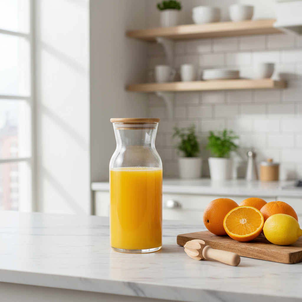 Clear glass juice jar with bamboo lid — lifestyle photography