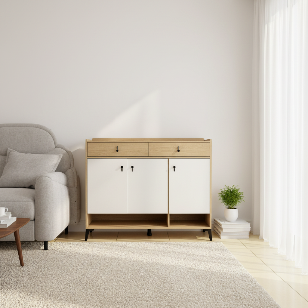 Luxe Storage Cabinet – Light Oak, closed doors, Scandinavian living room