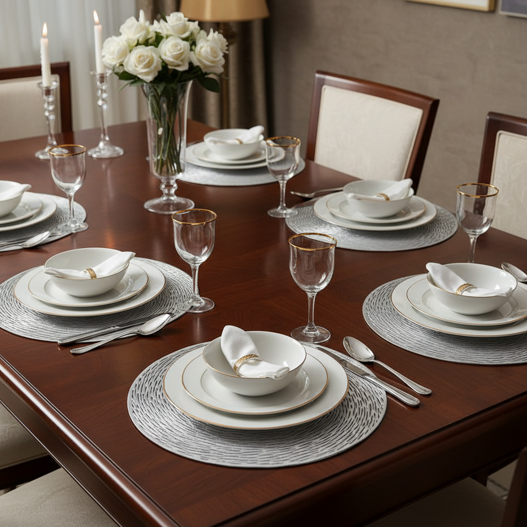 Six silver spiral-textured metallic table mats arranged on a luxury dining table