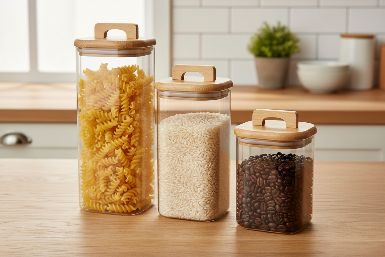 Set of 3 glass storage jars with bamboo lids styled on kitchen countertop