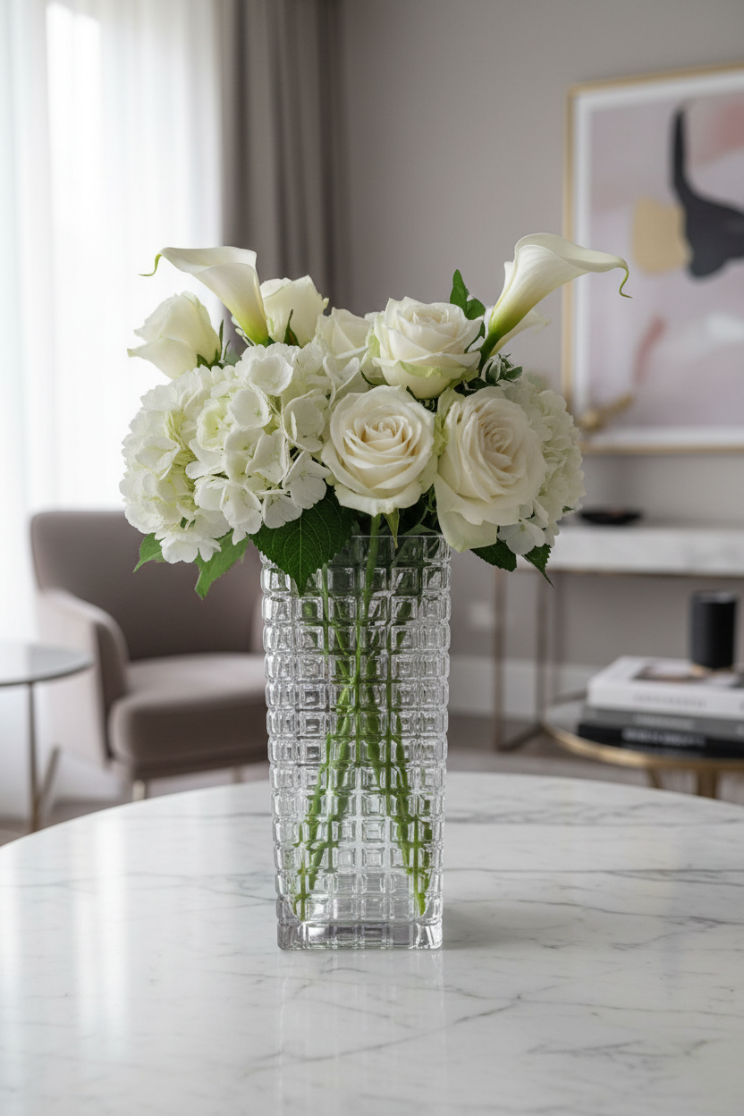 Crystal Grid Square Vase lifestyle shot with white flowers