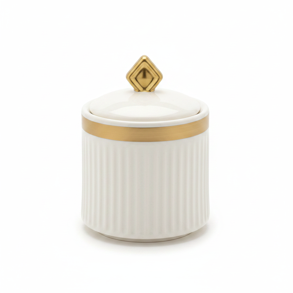 White ribbed ceramic sugar dish — studio photography
