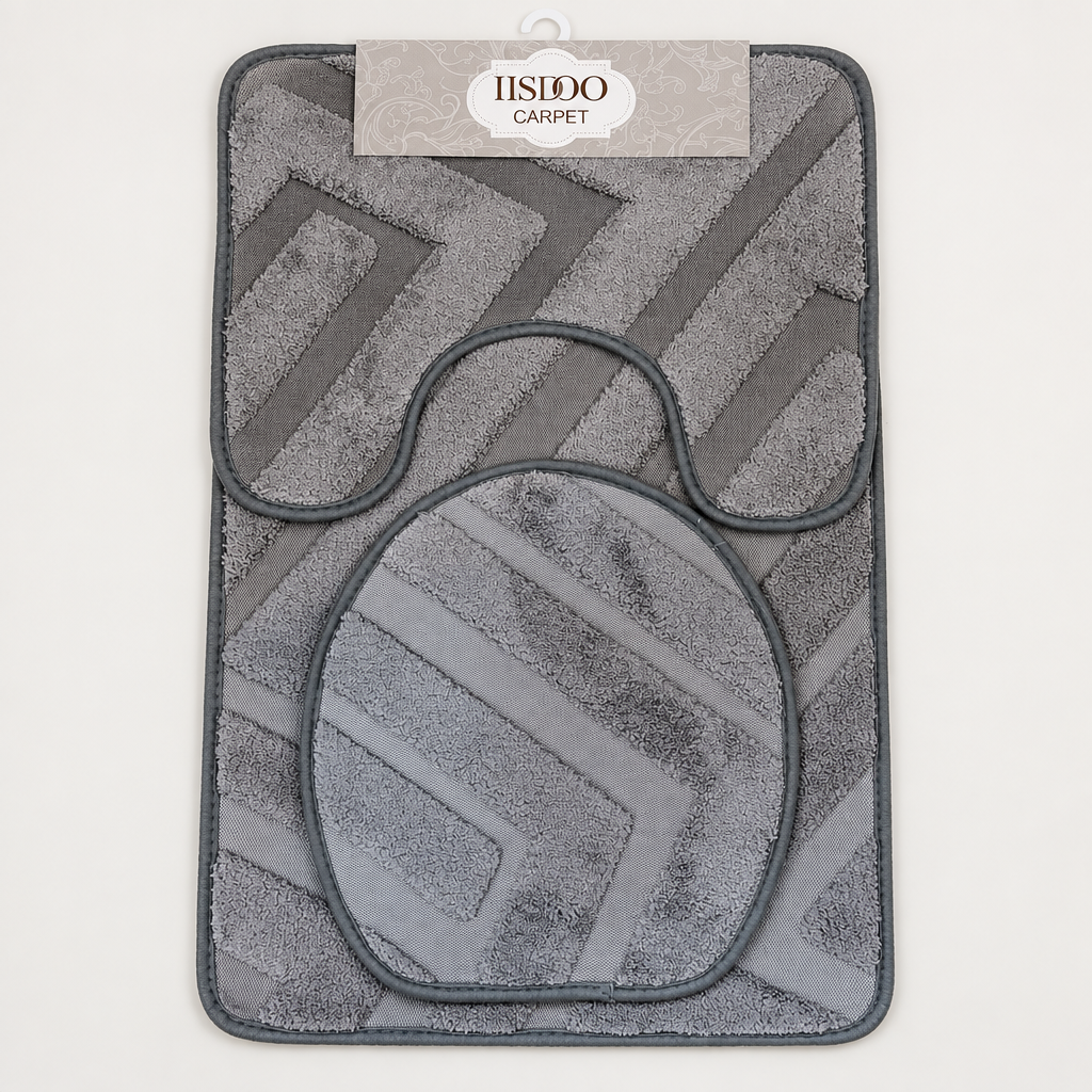 Taupe and grey 3-piece bathroom floor rug set with rubber backing