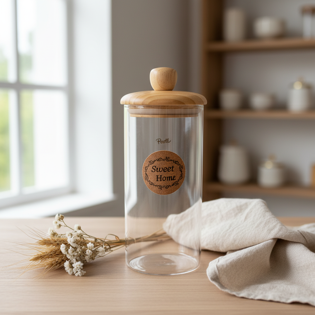 Sweet Home glass storage jar with bamboo lid — lifestyle photography