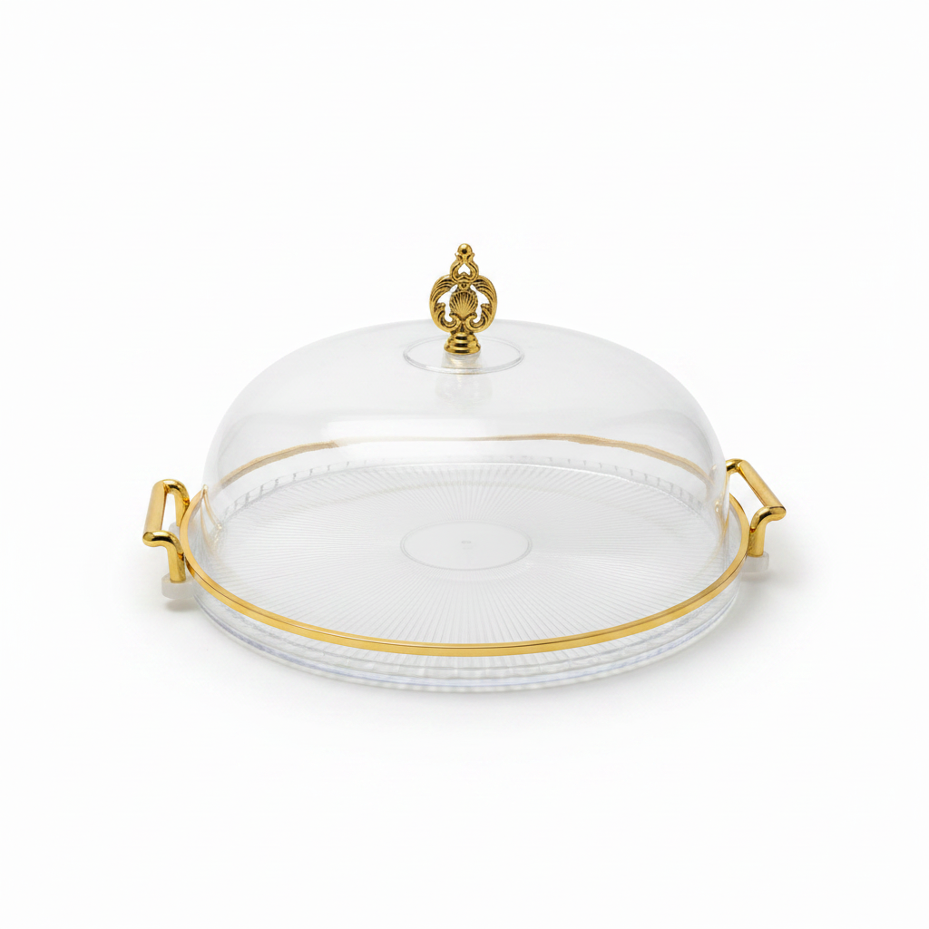 Glass serving tray with ribbed dome lid — studio photography