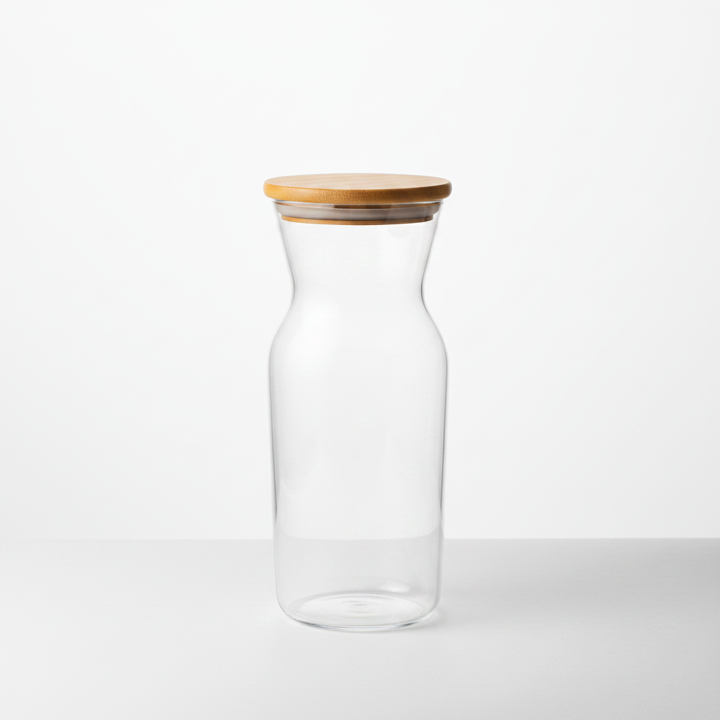 Clear glass juice jar with bamboo lid — studio photography