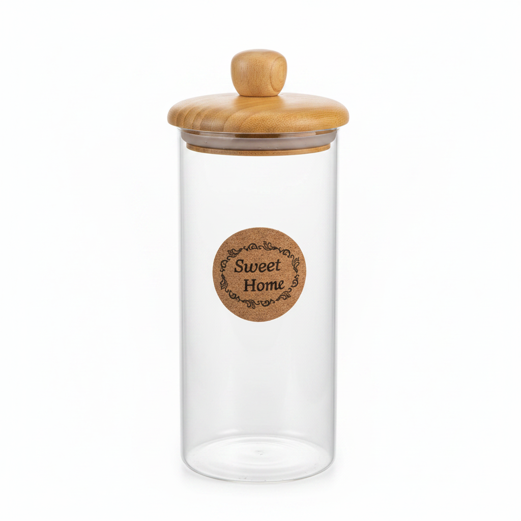 Sweet Home glass storage jar with bamboo lid — studio photography