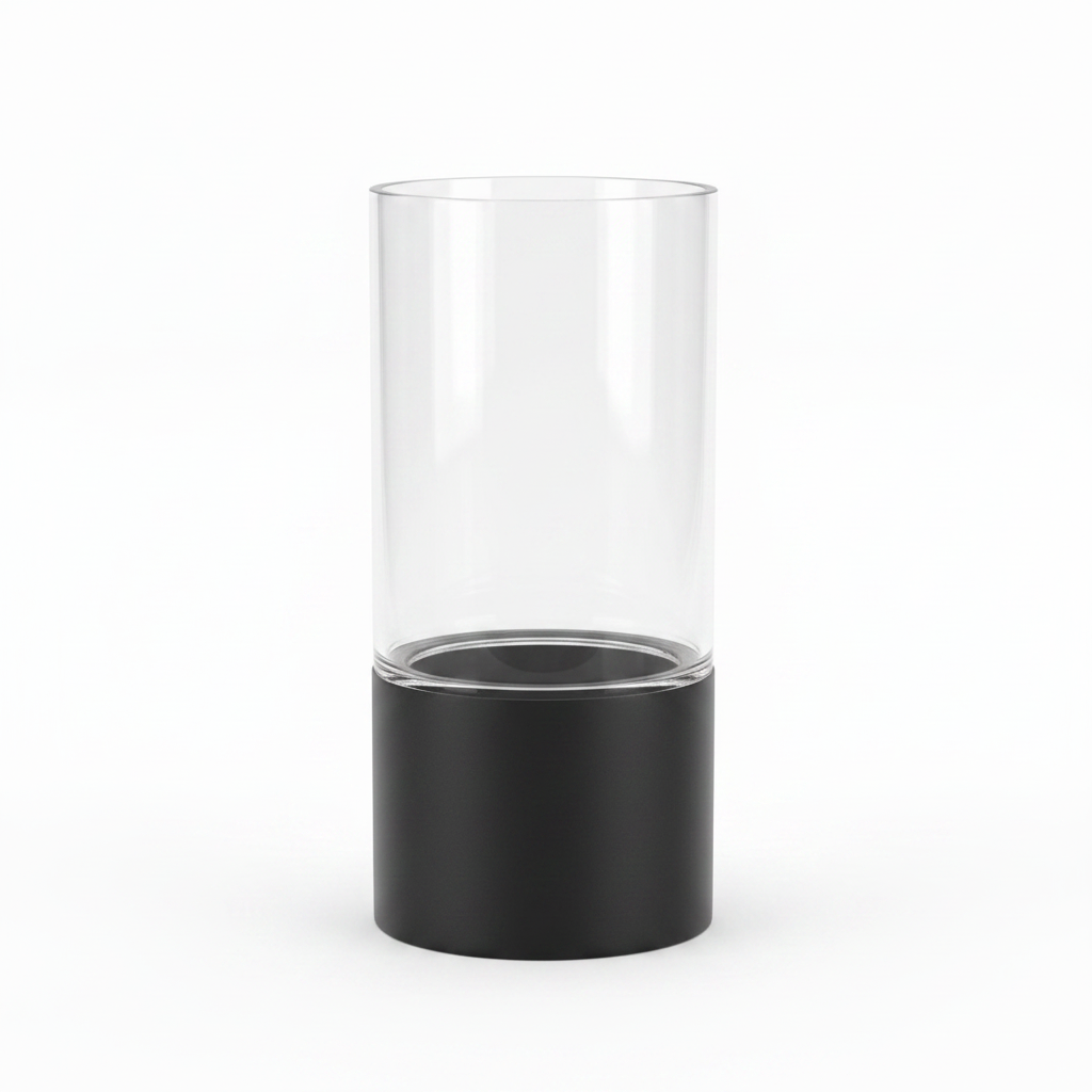 Hurricane glass vase with matte black metal base on white background