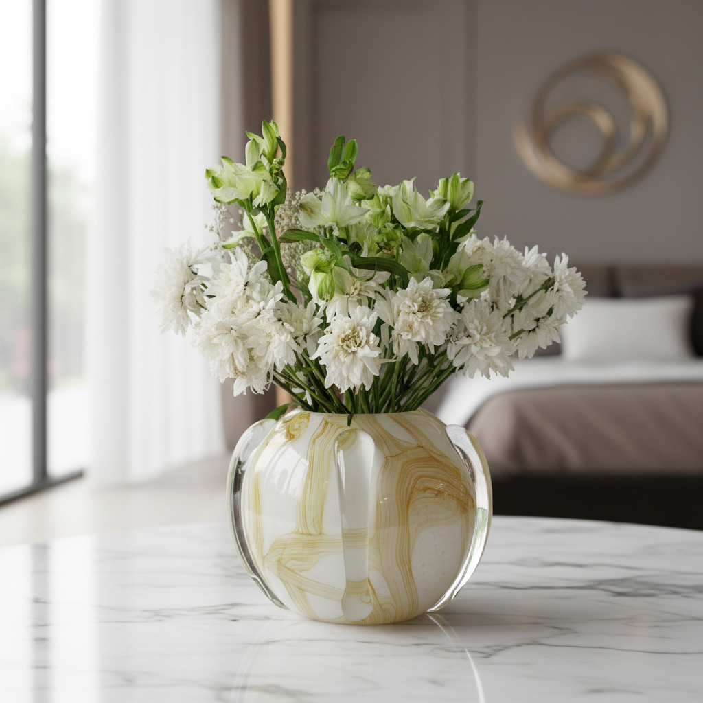 White and gold swirl art glass vase with white flowers — lifestyle photography