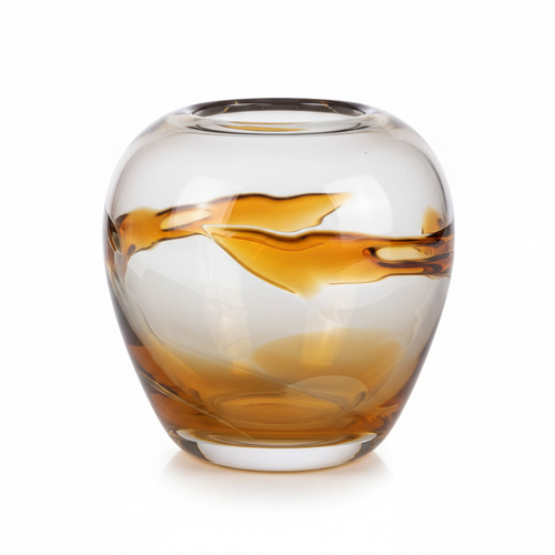 Amber swirl handblown glass globe vase on white background