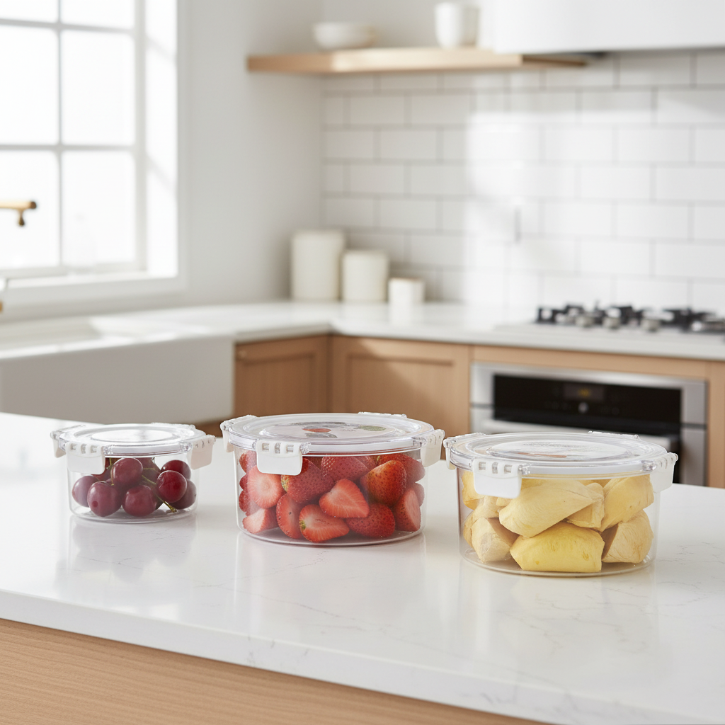 Set of 3 round clear airtight storage containers arranged on a kitchen countertop