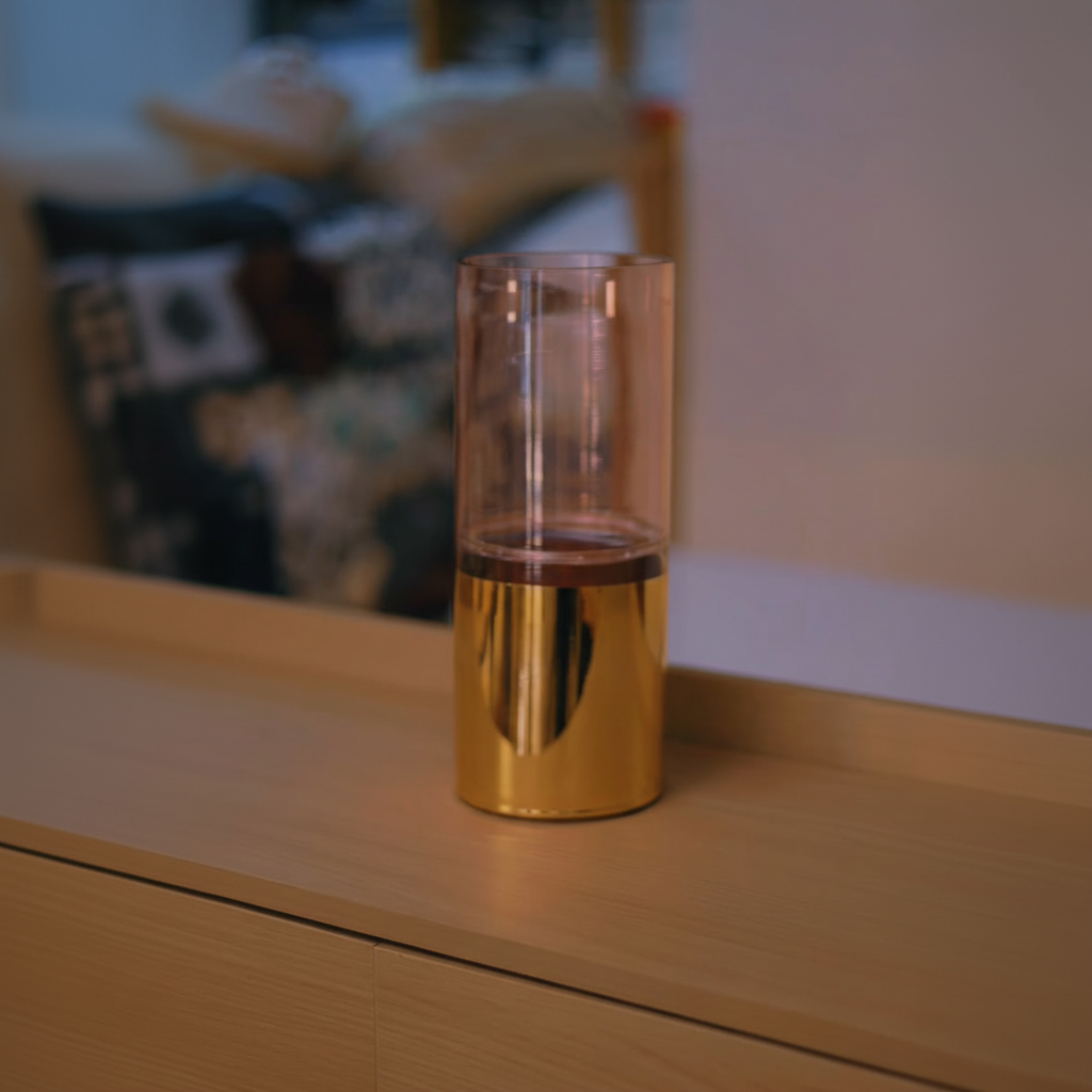 Hurricane glass vase with polished gold metal base, square format