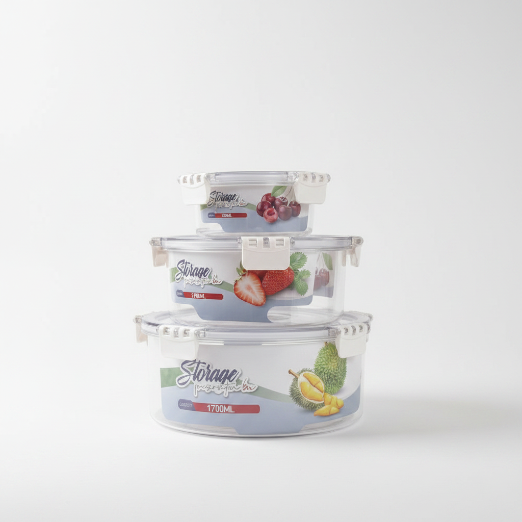 Set of 3 round clear airtight storage containers with white clip-lock lids, stacked on white background