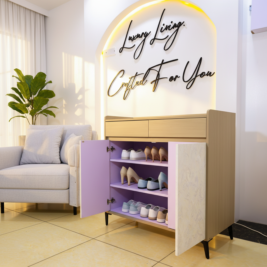 Luxe Storage Cabinet – Light Oak lavender angled view, modern living room