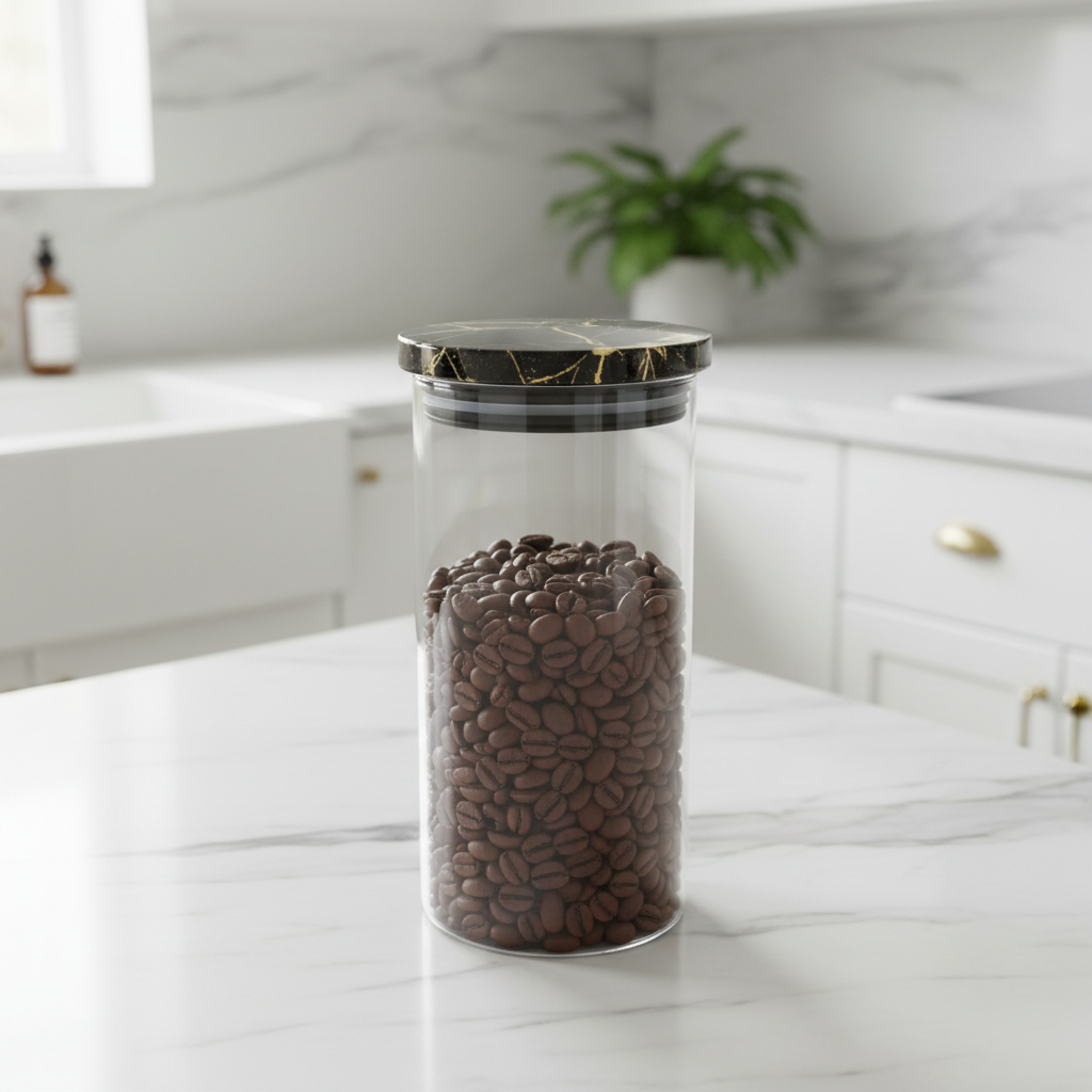 Clear glass storage jar with black and gold marble lid — lifestyle photography