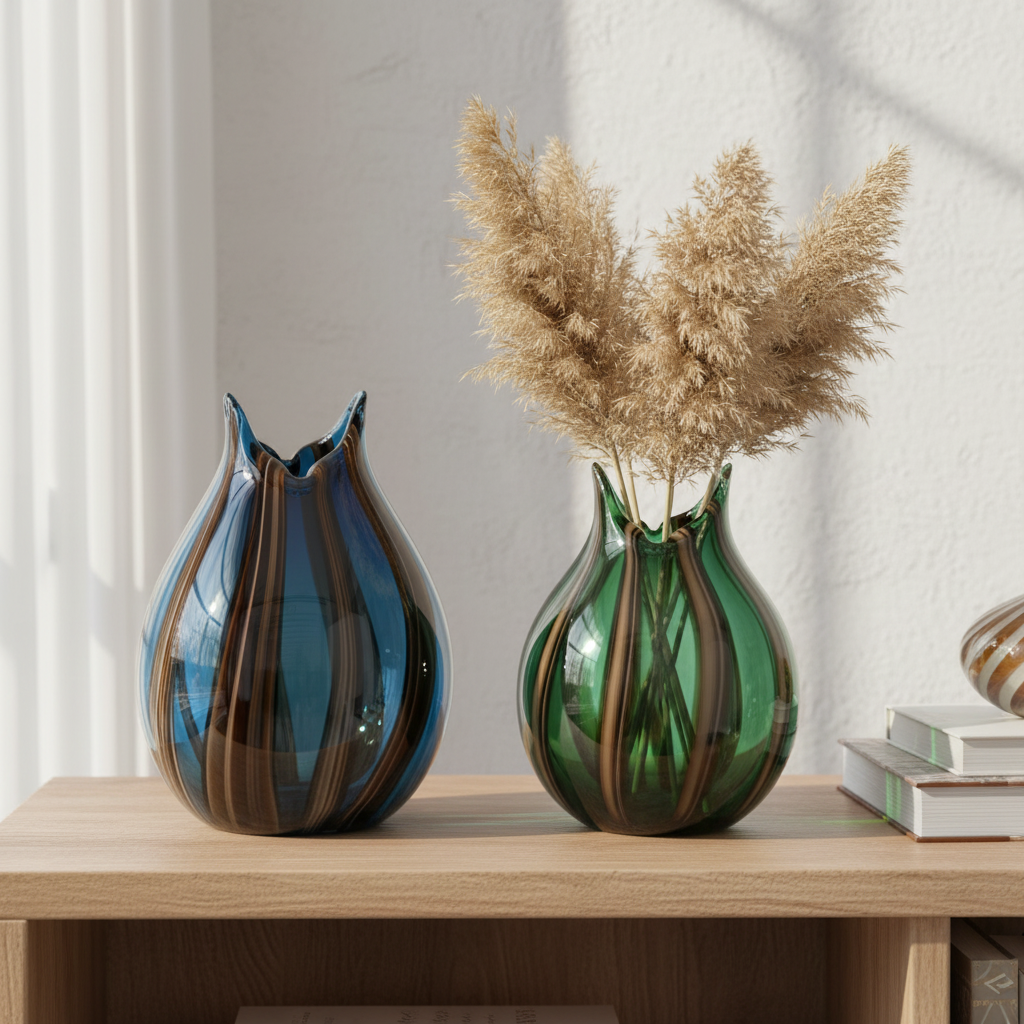 Handblown art glass vases blue and green — lifestyle photography