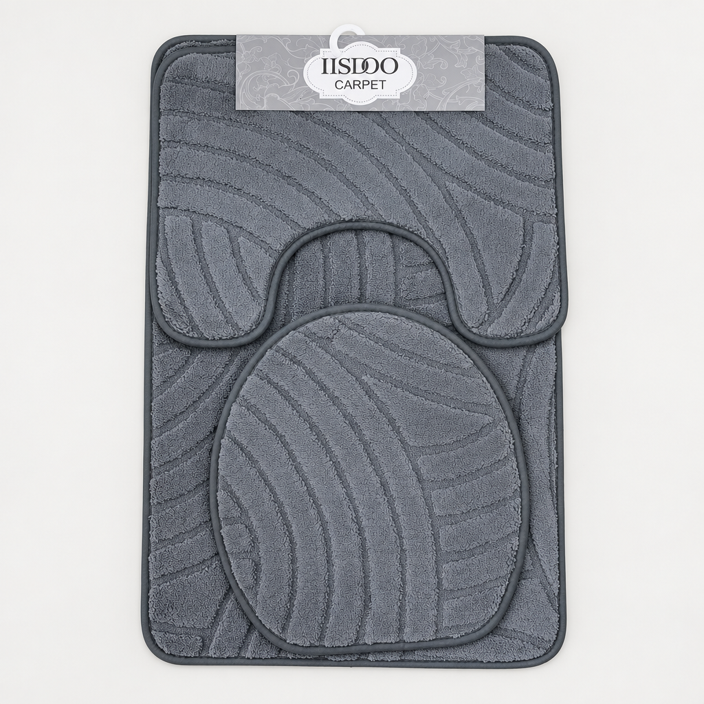 Grey 3-piece bathroom floor rug set with rubber backing