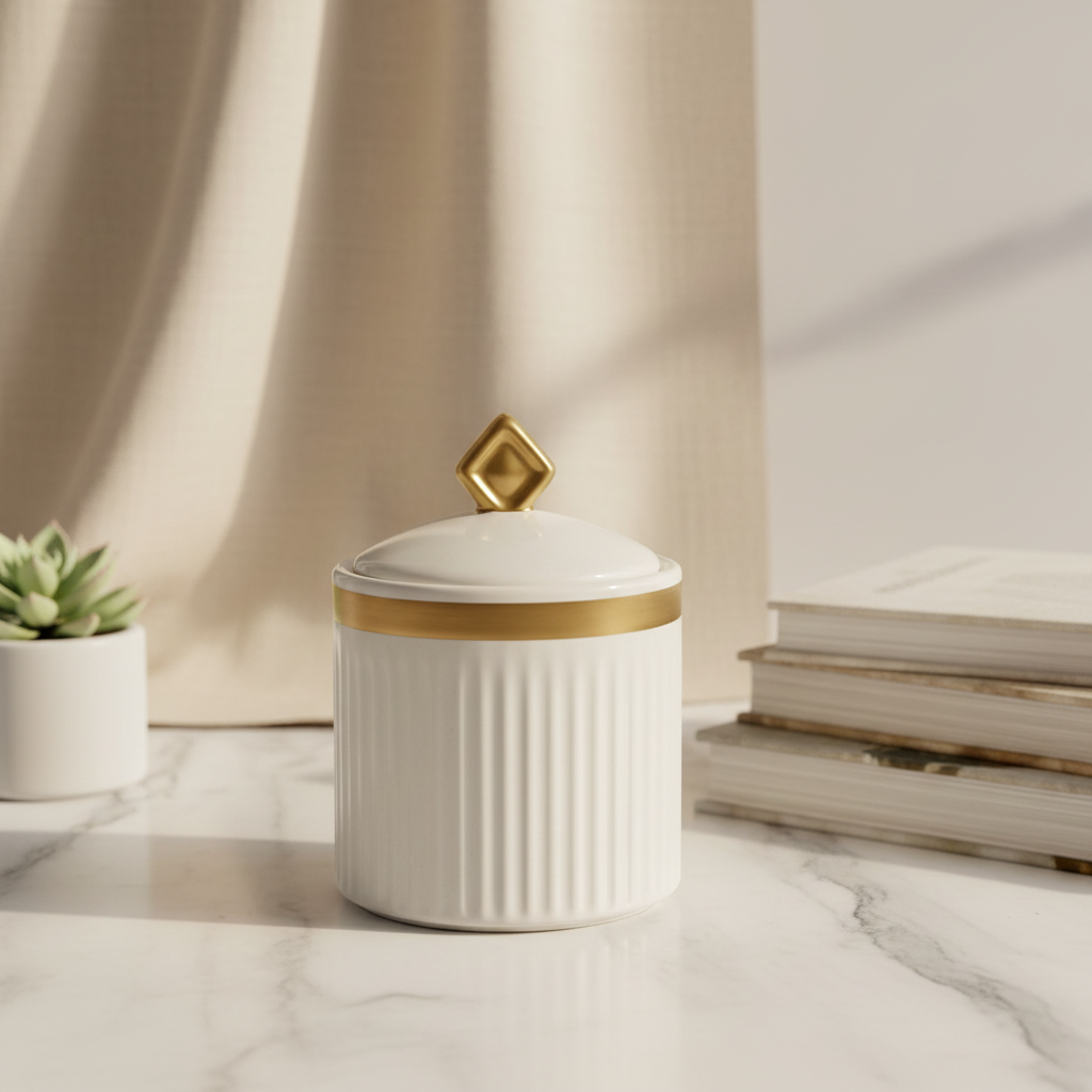White ribbed ceramic sugar dish — lifestyle photography