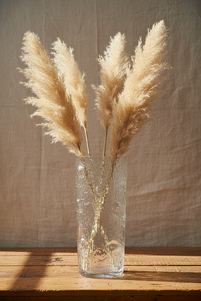 Textured glass bark vase styled with pampas grass on wooden surface