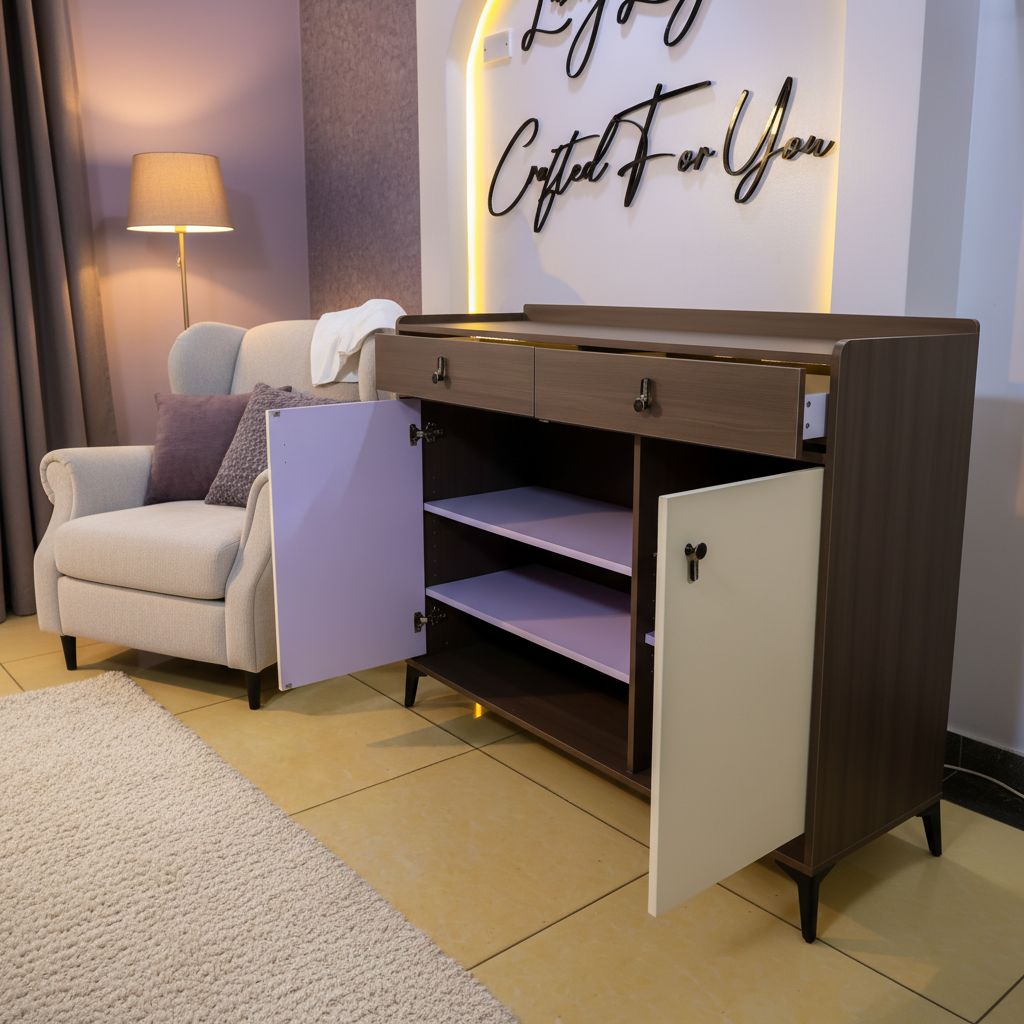 Luxe Storage Cabinet – Light Oak with lavender doors open, cosy bedroom
