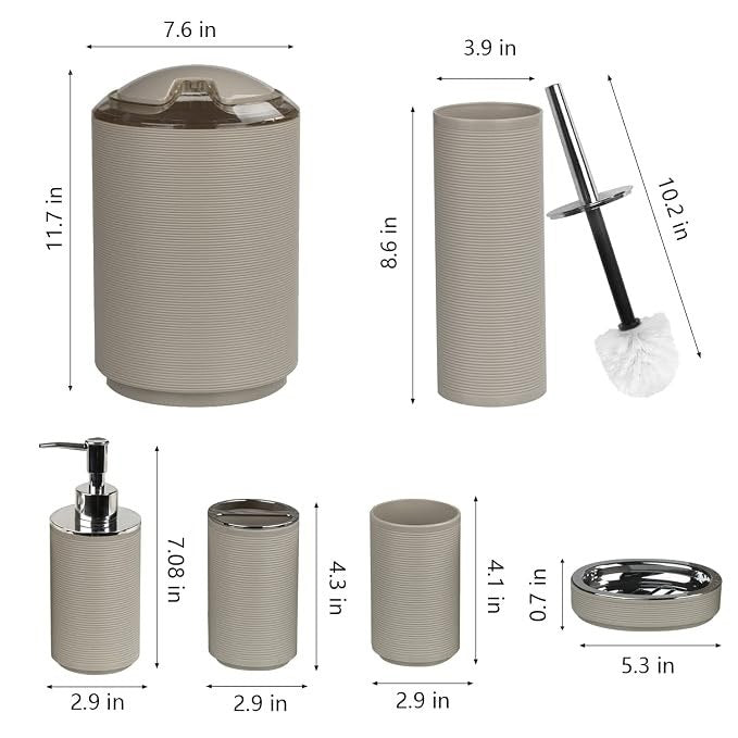 Grey ribbed bathroom accessories set with lidded bin, toilet brush, soap dispenser and containers