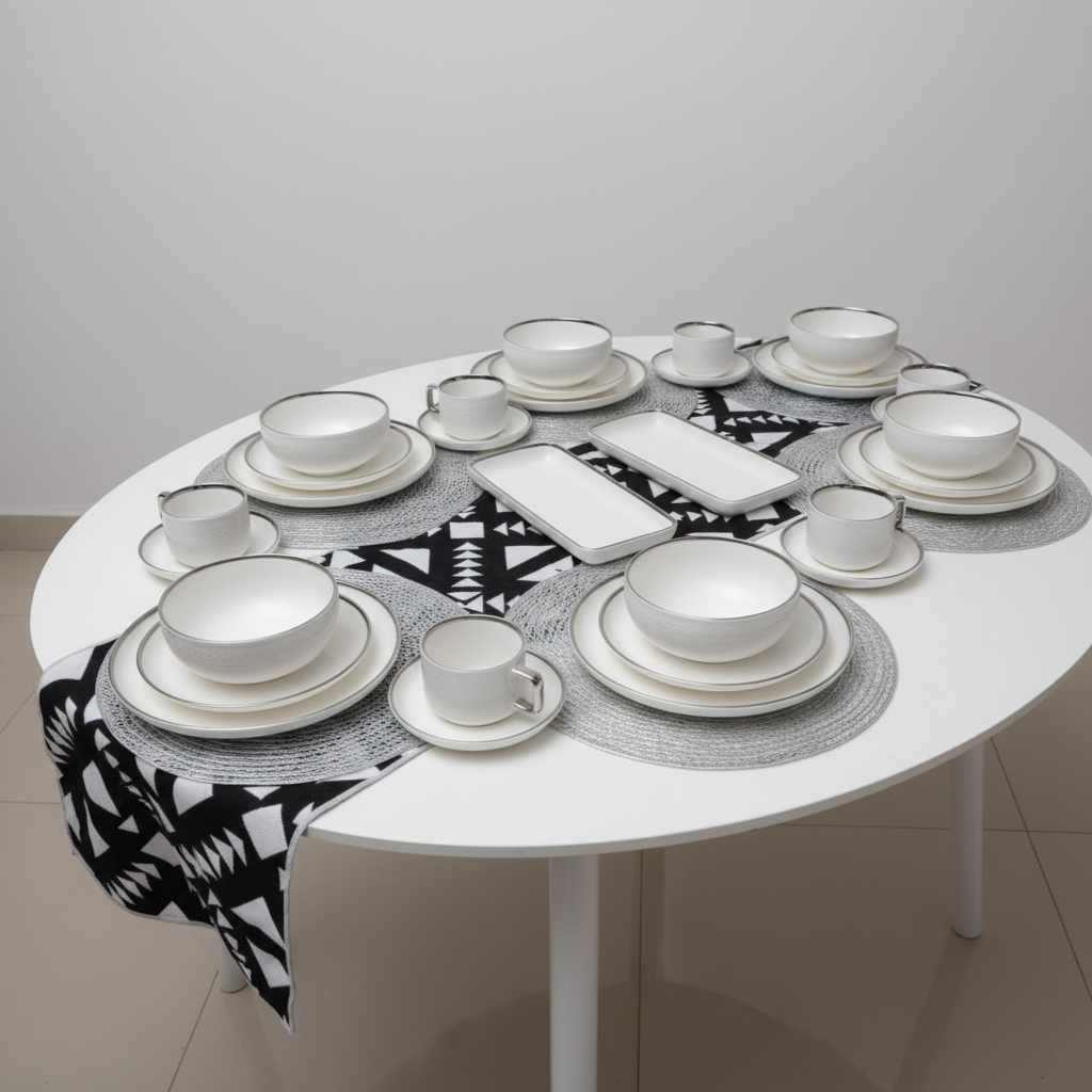 Silver Dinnerware Set - Table Visible