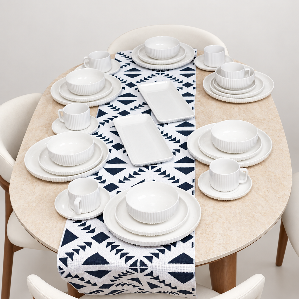 Square white 32-piece dinner set with a neat background